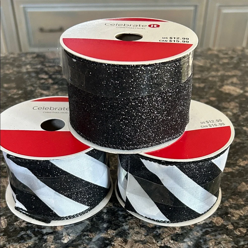 CELEBRATE IT ASSORTED WIRED BLACK & WHITE GLITTER RIBBON 2.5 x20 FT LOT OF 3 NWT